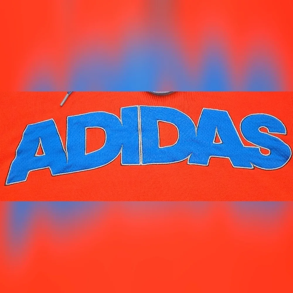 Adidas Men’s Md Red/Orange Pullover Hoodie Blue Spellout Logo Fleece Sweatshirt